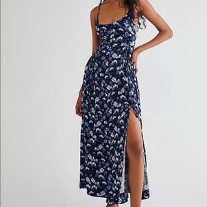 Free People Black maxi dress with blue and white floral print. NWOT